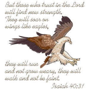 Puede incluir: Un águila marrón y blanca con las alas extendidas, volando sobre un fondo blanco. La imagen incluye el texto "But those who trust in the Lord will find new strength. They will soar on wings like eagles, they will run and not grow weary, they will walk and not be faint, Isaiah 40:31".
