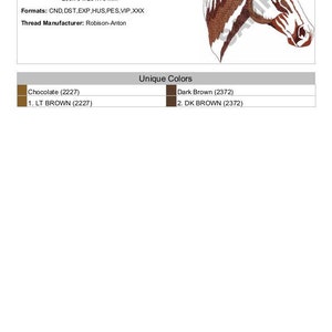 May include: Embroidered design of a quarter horse head in brown tones. The design is 8.14 inches by 7.94 inches and requires 9,799 stitches. The embroidery design is available in formats such as CND, DST, EXP, HUS, PES, VIP, and XXX. The thread manufacturer is Robison-Anton.