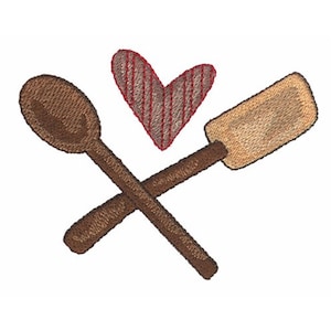 May include: An embroidered design featuring a wooden spoon and spatula crossed, with a red and white striped heart in the center. The design is in shades of brown, beige, and red, perfect for kitchen-themed crafts.
