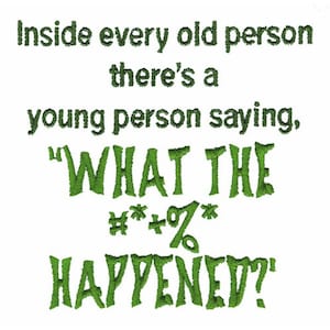 May include: White background with green embroidered text. The text reads: "Inside every old person there's a young person saying, 'WHAT THE #*+%* HAPPENED?'"