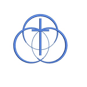 May include: A blue cross symbol with three overlapping circles, representing the Holy Trinity.