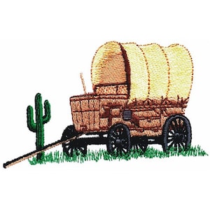 May include: A brown wooden wagon with a white canvas top and a green cactus in the foreground. The wagon has four wheels and a long wooden tongue.