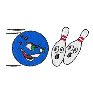 Könnte beinhalten: Ein blauer Bowlingball mit einem Comic-Gesicht und roten Streifen rollt auf zwei weiße Bowling-Pins mit Comic-Gesichtern zu.