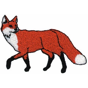 May include: An embroidered patch of a red fox with a white chest and tail tip, walking to the right.