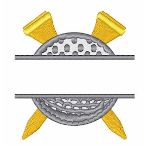 May include: A split monogram design featuring a golf ball with two crossed golf tees. The golf ball is gray with white dimples and the tees are yellow.
