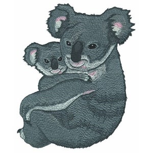 May include: A gray and white koala bear holding a smaller gray and white koala bear. The larger koala has pink ears and a black nose. The smaller koala has pink ears and a black nose.