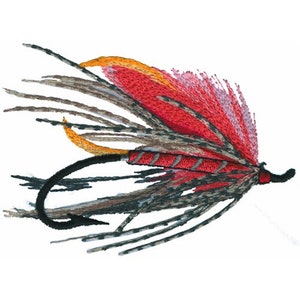 May include: A red, orange, and brown fly fishing lure with a black hook.