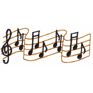 May include: A black treble clef and musical notes on a brown wavy staff. The notes are arranged in a flowing pattern.