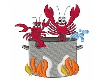 May include: Two red lobsters are in a gray pot with a blue water splash coming out of the pot. The pot is on a stove with orange and yellow flames.