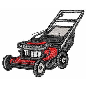 May include: A red and black lawnmower with a gray handle. The lawnmower has a black engine and wheels.