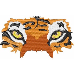 May include: Close-up of a tiger's face, showing only the eyes and nose. The eyes are yellow with black pupils and white eyelashes. The nose is brown and the fur is orange and black.