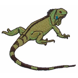 Puede incluir: Parche bordado que representa una iguana verde con marcas marrones. La iguana tiene ojos rojos y una mancha azul en la garganta. El parche está diseñado con costuras detalladas, mostrando las escamas y la forma del reptil.