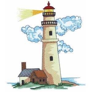 May include: Embroidered image of a lighthouse with a red top and a bright yellow beam of light. The lighthouse is beige with dark brown accents and sits on a small island with a small house and blue water. Fluffy white and blue clouds are in the background.