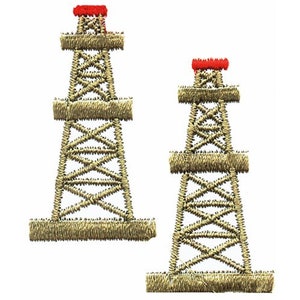 May include: Two gold embroidered iron oil derricks with red tops. The derricks are standing upright on a white background.