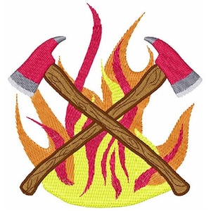 May include: Two red and silver firefighter axes crossed over a yellow, orange, and red flame design.