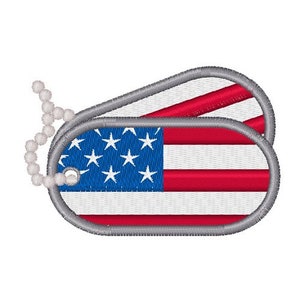 May include: A pair of silver dog tags with an American flag design. The tags are connected by a silver chain.