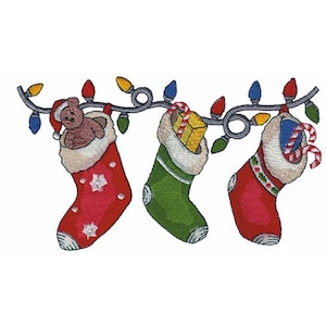 May include: Three red and green Christmas stockings hanging from a string of lights. The stocking on the left contains a teddy bear, the middle stocking contains a wrapped gift, and the stocking on the right contains candy canes.