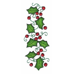May include: A vertical arrangement of green holly leaves with red berries. The holly leaves are stylized and have a slightly textured appearance. The berries are a bright red color and are clustered together.