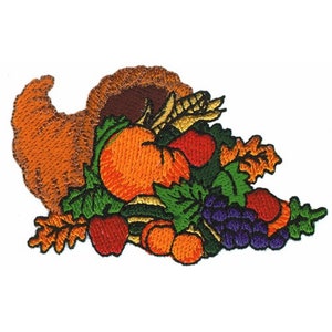 May include: An embroidered patch featuring a cornucopia overflowing with autumn harvest fruits and vegetables, including grapes, apples, oranges, and corn. The cornucopia is brown and orange, and the fruits and vegetables are in various shades of red, orange, green, and purple.