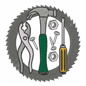 May include: A circular design featuring a hammer, pliers, screwdriver, nails, and nuts. The tools are surrounded by a saw blade design.