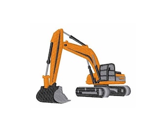 Puede incluir: Excavadora naranja y negra con una cuchara gris y orugas. La excavadora está en vista lateral con la cuchara mirando hacia el lado izquierdo de la imagen.