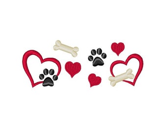 May include: Red hearts with black paw prints and white bones.  The hearts are outlined in white.