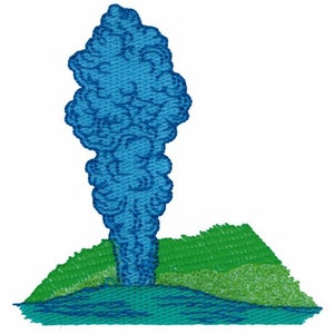 May include: A blue geyser erupts from a green grassy area. The geyser is tall and thin, with a plume of steam rising high into the air.