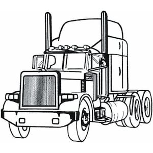 May include: A black and white line drawing of a semi-truck. The truck has a large grill, a cab with a windshield, and two sets of wheels.