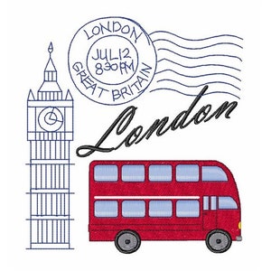 May include: A red double-decker bus, Big Ben, and a blue stamp with the text "LONDON JUL 12 8:30PM GREAT BRITAIN" and the word "London" in cursive.