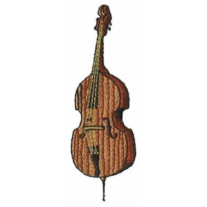 May include: A brown wooden double bass with a light brown wooden neck and strings.