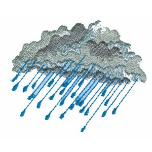 May include: A gray embroidered cloud with blue raindrops falling from it.