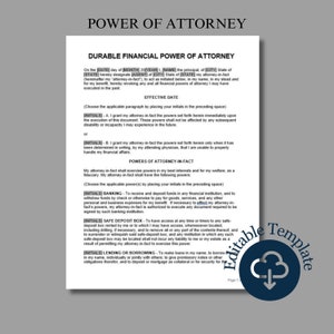 Może przedstawiać: Biały dokument zatytułowany "POWER OF ATTORNEY" z tekstem "DURABLE FINANCIAL POWER OF ATTORNEY" u góry. Dokument zawiera sekcje na inicjały i daty wejścia w życie, z niebieskim grafikiem "Editable Template" w prawym dolnym rogu.