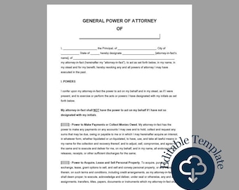 General Power of Attorney Form Template, POA Template, General MS Word, Google Doc, Printable, Editable, Instant Download