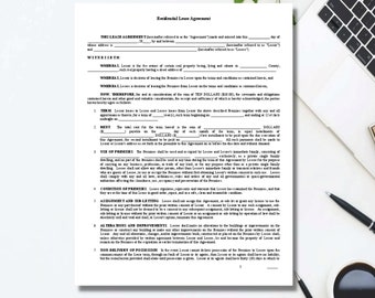 Rental Agreement, Lease Agreement, Fillable PDF Form, Residential Lease Agreement, Editable PDF Files, Instant Download