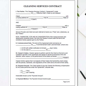 Cleaning Services Contract Agreement, Cleaning Business Contract Template, Cleaning Agreement, Instant Download, MS Word, PDF Fillable