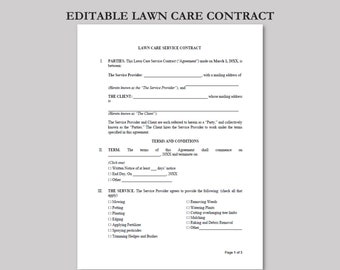 Lawn Care Agreement, Service Contract, Landscaping Contract, Garden Care Agreement, Agreement Template, Instant Download, Editable Template