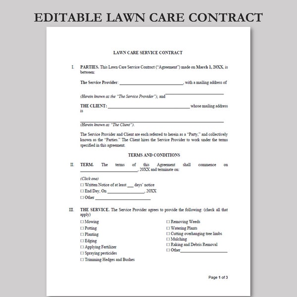 Lawn Care Agreement, Service Contract, Landscaping Contract, Garden Care Agreement, Agreement Template, Instant Download, Editable Template