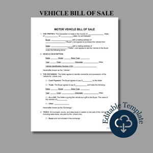 Motor Vehicle Bill of Sale Form Template, MS Word, Google Doc, Printable, Editable, Instant Download
