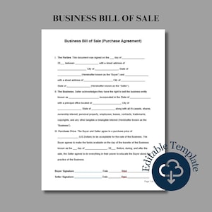 Business Bill of Sale Form, MS Word, Google Doc, Printable, Editable, Instant Download
