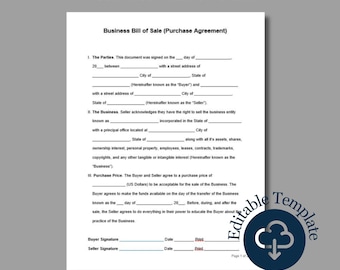 Business Bill of Sale Form, MS Word, Google Doc, Printable, Editable, Instant Download