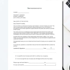 Aviso de aumento de alquiler, formulario de aumento de alquiler, documento de Word editable, documento de Google editable, descarga instantánea