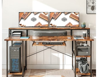 study table organizer Industrial Computer Desk Home Office PC Desk with Keyboard Tray Monitor Stand Storage Shelf CPU Stand, Modern Study Writing Table for Office