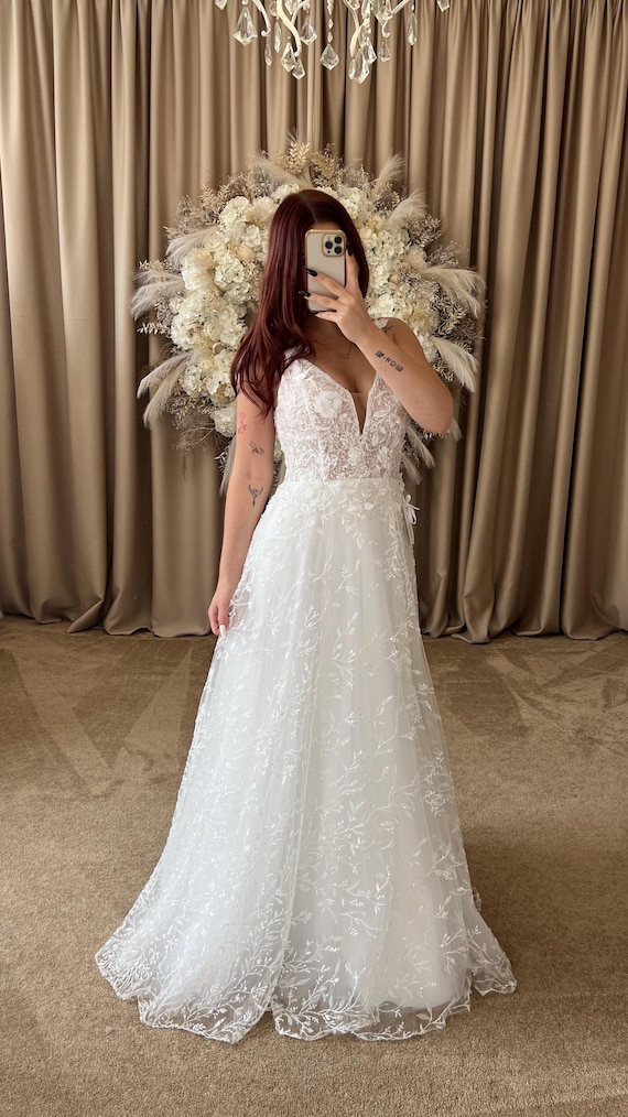 Celine Wedding Dress | Floral Lace A-Line with Deep V-Neck and Slit | Custom Tailor-Made Bridal Gown