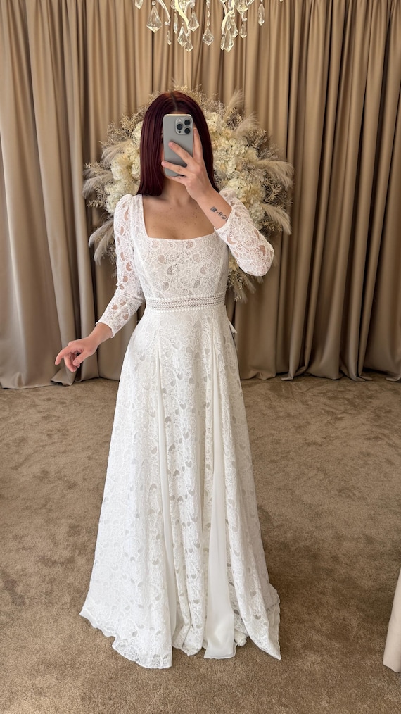 square neck a line wedding dress with sleeves Graceful A-Line Short Sleeves Lace Appliques Backless Square Neck Draped  Satin Wedding Dress main image 1