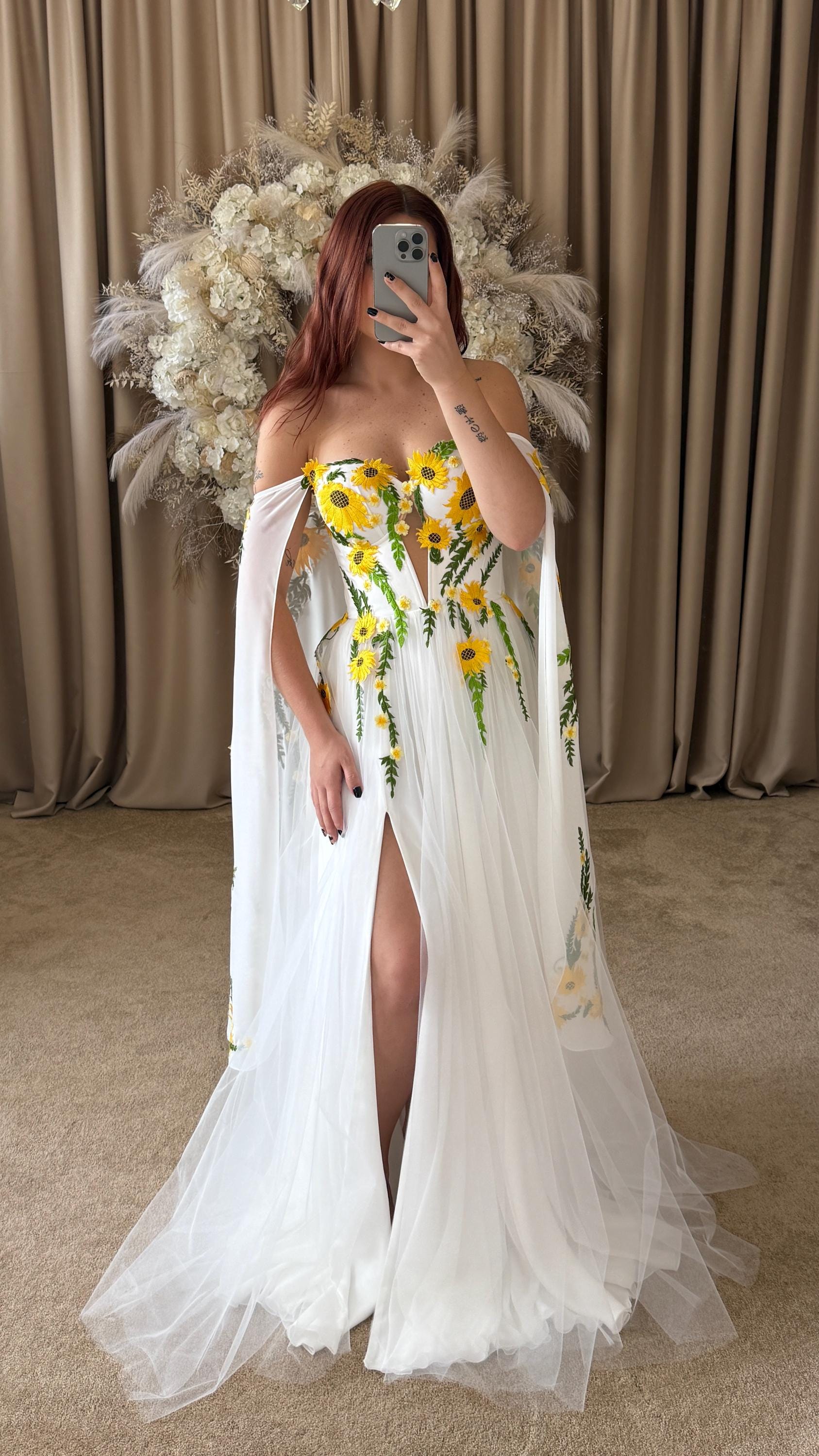 Sunflower Wedding Dress | Boho Off Shoulder Gown | Floral Embroidered Bridal Dress Sunflower Wedding Dress | Boho Off Shoulder Gown | Floral Embroidered Bridal Dress
