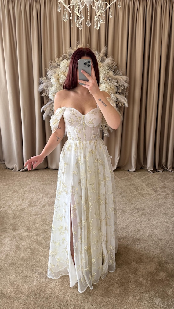 gold bodice wedding dress Naomi Golden Floral Wedding Dress | Off-Shoulder Corset Gown with Slit