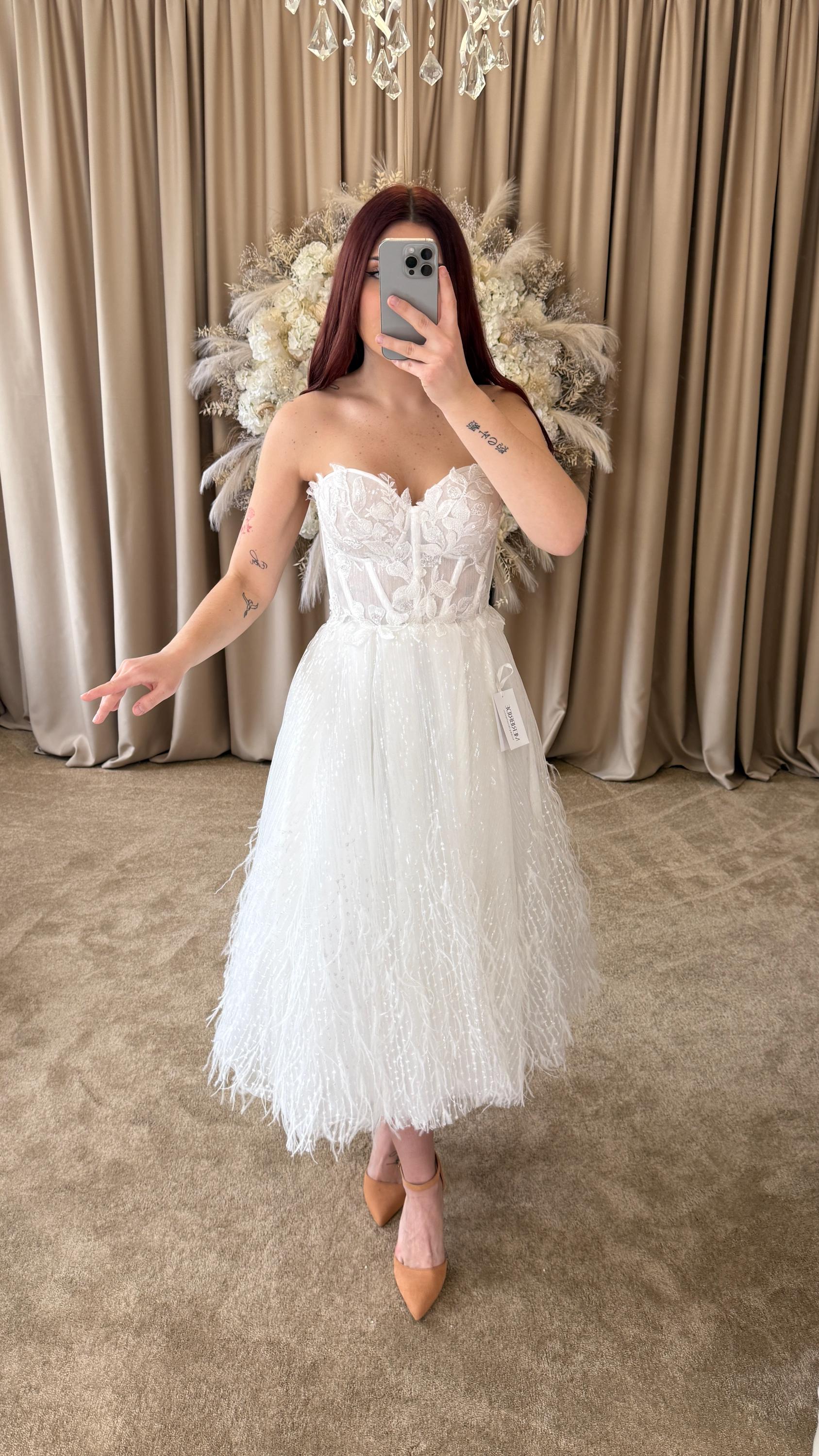 corset dress with feather skirt Off-shoulder crystal corset mini dress with ostrich feather skirt Off-White / US 12