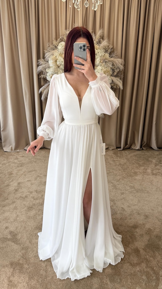 Teresa New Long Sleeve Chiffon Wedding Dress | Deep V-Neck | Flowing A-Line Gown