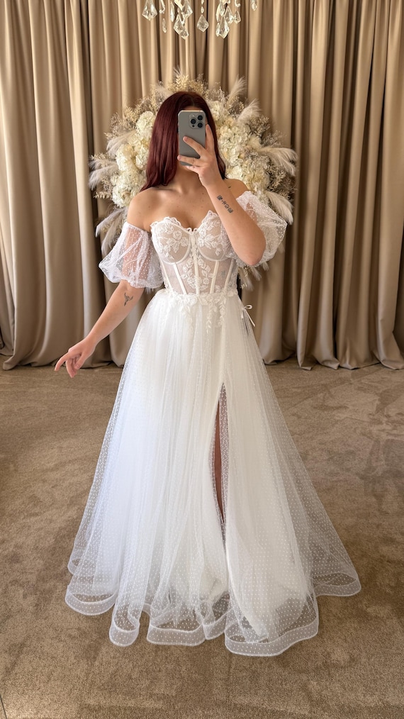 Florence Tulle Wedding Dress | Corset Lace Bodice with Polka-Dot Tulle Skirt | Custom Tailor-Made Bridal Gown Florence Tulle Wedding Dress | Corset Lace Bodice with Polka-Dot Tulle Skirt | Custom Tailor-Made Bridal Gown