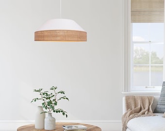 Modern Boho Pendellampa – Vit Taklampa med Naturlig Rottingskärm, Skandinavisk Hänglampa